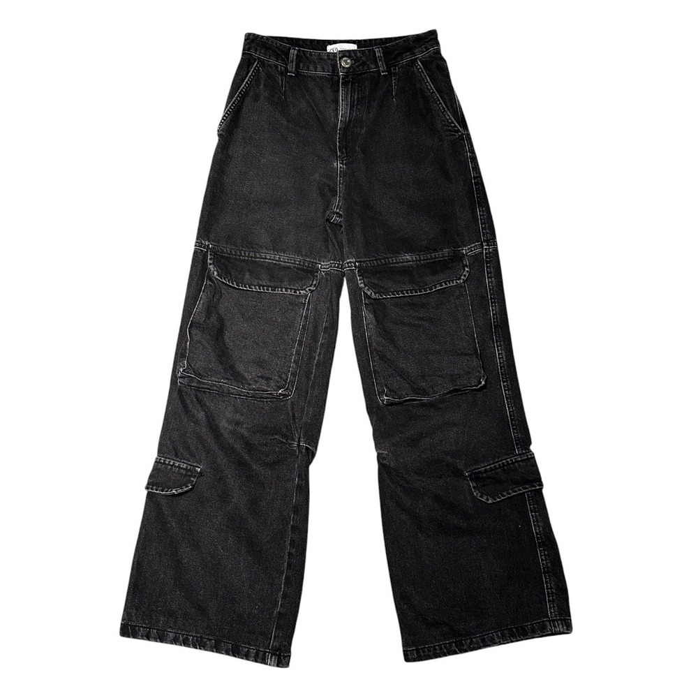 Zara Cargo Jeans 4 Black High Waisted Wide Leg Utility Streetwear Y2K Aesthetic